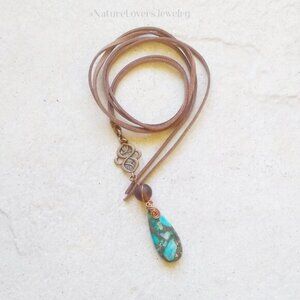 One-of-a-kind Celtic Knot & Sea Sediment Jasper Necklace w. 45" Faux Suede Cord